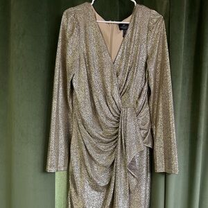 Arianna Papell Long sleeve MIDI Gold V-Neck Dress Size 16